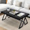 High Gloss Tempered Glass Coffee Table with Geometric V-Shaped Metal Legs, Modern Minimalist Rectangular Living Room Center Table