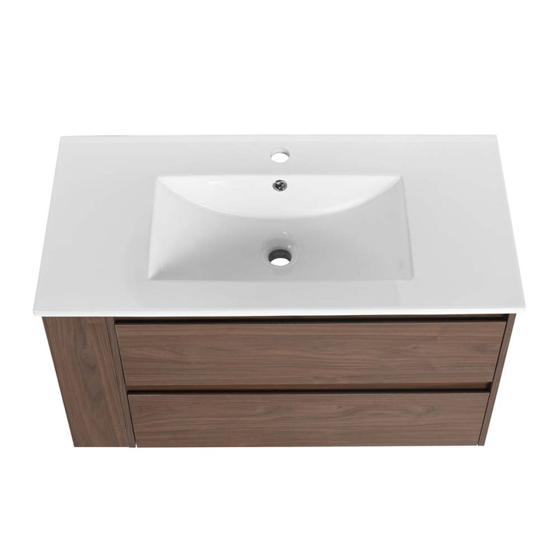 Meuble-lavabo simple 35,9 po avec plateau en céramique, Chêne brun