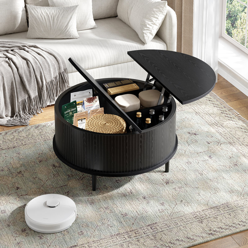 Table basse ronde à plateau relevable avec panneaux cannelés verticaux, centre de rangement dissimulé multifonctionnel, facile à assembler, noir
