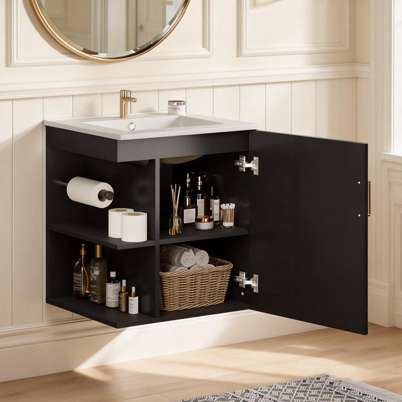 Armoire de salle de bain murale avec lavabo et tablettes latérales, meuble-lavabo moderne avec porte à fermeture en douceur pour un rangement efficace