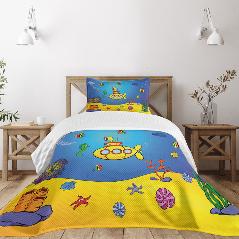 Ensemble de couvre-lit Ambesonne Yellow Submarine Nautical Blue Yellow, Couvre-lit simple et 1 taie décorative