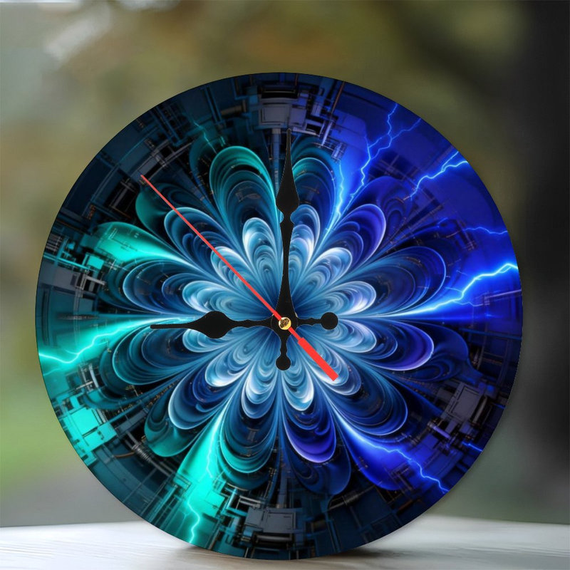 Horloge murale ronde en bois 10 po, mouvement à quartz silencieux, imprimé UV, à piles, Bleu électrique