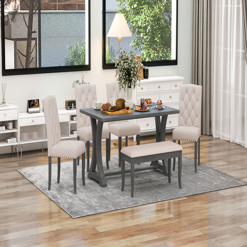 6-Piece Farmhouse Dining Table Set, Rectangular Trestle Table and 4 Upholstered Chairs & Bench for Dining Room, Antique Gray