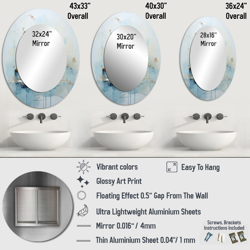 Articles de toilette bleus minimalisme - grand miroir mural ovale sur métal, H 40 po x l 30 po