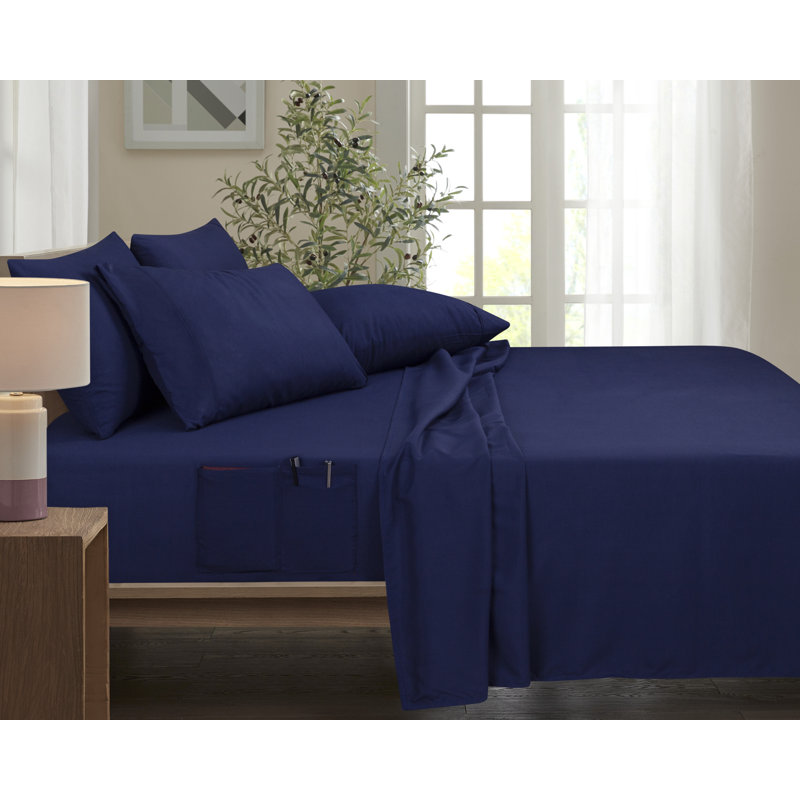 Rayon From Bamboo 6 Piece 1800 Thread Count Smart Pocket Sheet Set, Queen Sheet Set with 5 Additional Pieces, Navy