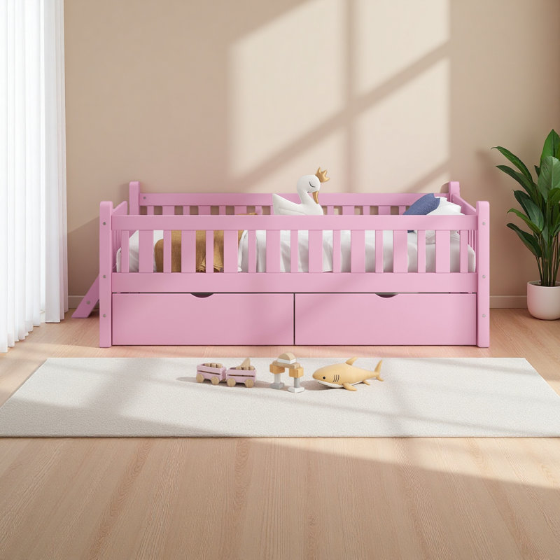 Lit plateforme en bois avec garde-corps et 2 tiroirs, Rose