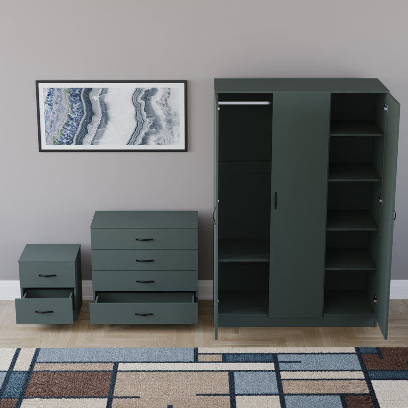 Maybery 3 Piece Bedroom Set (2 Drawer Bedside Chest, 4 Drawer Chest, 3 Door Wardrobe), (5), Green
