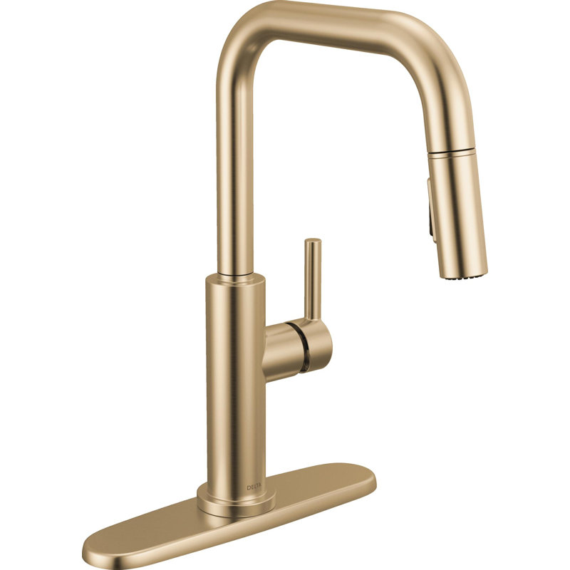 Nicoli Brushed Gold U-Spout Kitchen Faucet with Pull Down Sprayer, Modern Single Hole Kitchen Sink Faucet, Single Handle, Champagne Bronze