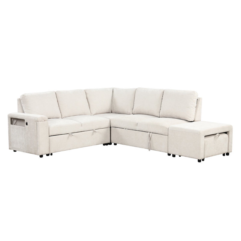 Elegant L-Shaped Modular With Storage And Inputs, For Various Living Spaces Extra Space Sockets, Suitable, Beige Polyester