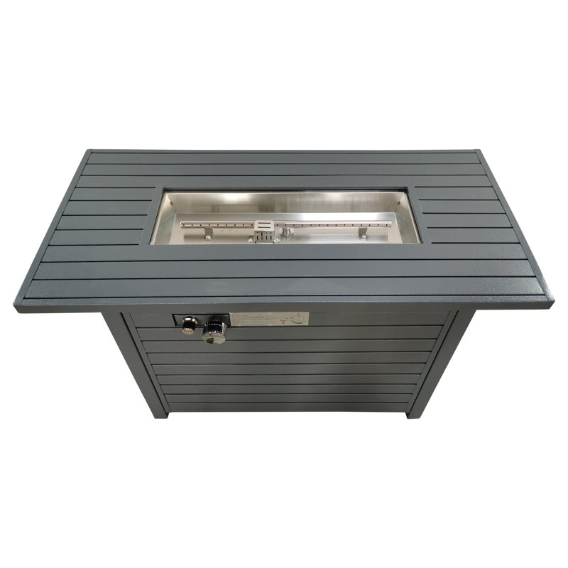 Table de foyer d'extérieur au propane en acier, 50000, 8 heures de combustion, allumage par bouton-poussoir, H 25 po x l 42 po, gris, temps de combustion Oui au gaz, bouton-poussoir 42 po 25 po, couvercle gris