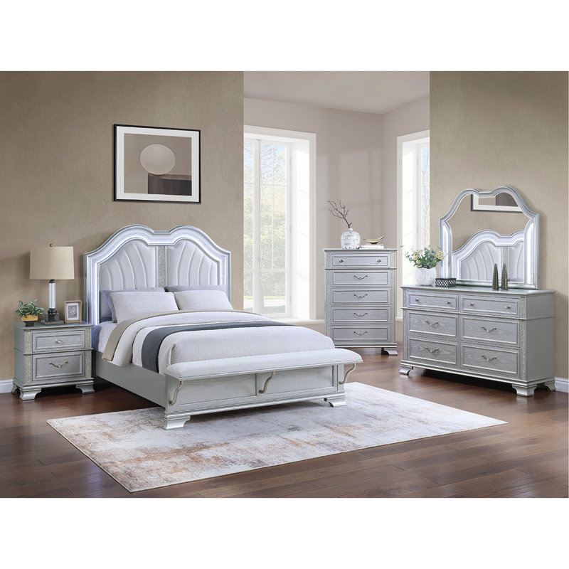 Table de chevet contemporaine à 2 tiroirs gris avec poignée de tiroir à paillettes et façade scintillante, table de chevet de chambre à coucher de style classique, accents éblouissants argentés, poignée en cristal, bois massif