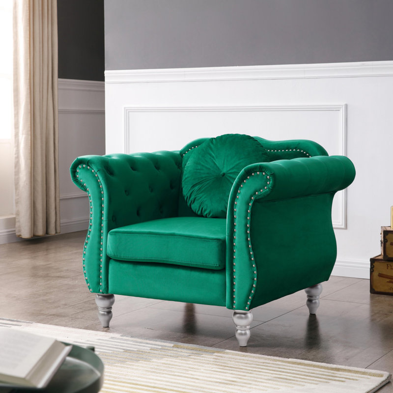 Elegant Green Velvet Accent Chair with Wood Legs