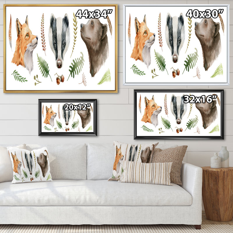 Fox Bear and Badger - reproduction sur toile, H 16 po x l 32 po, Toile à cadre flottant doré