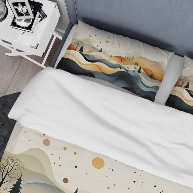 Ensemble de housse de couette Teal Orange Line Art Landscape - Abstract Line Art Landscape - Microfibre de polyester