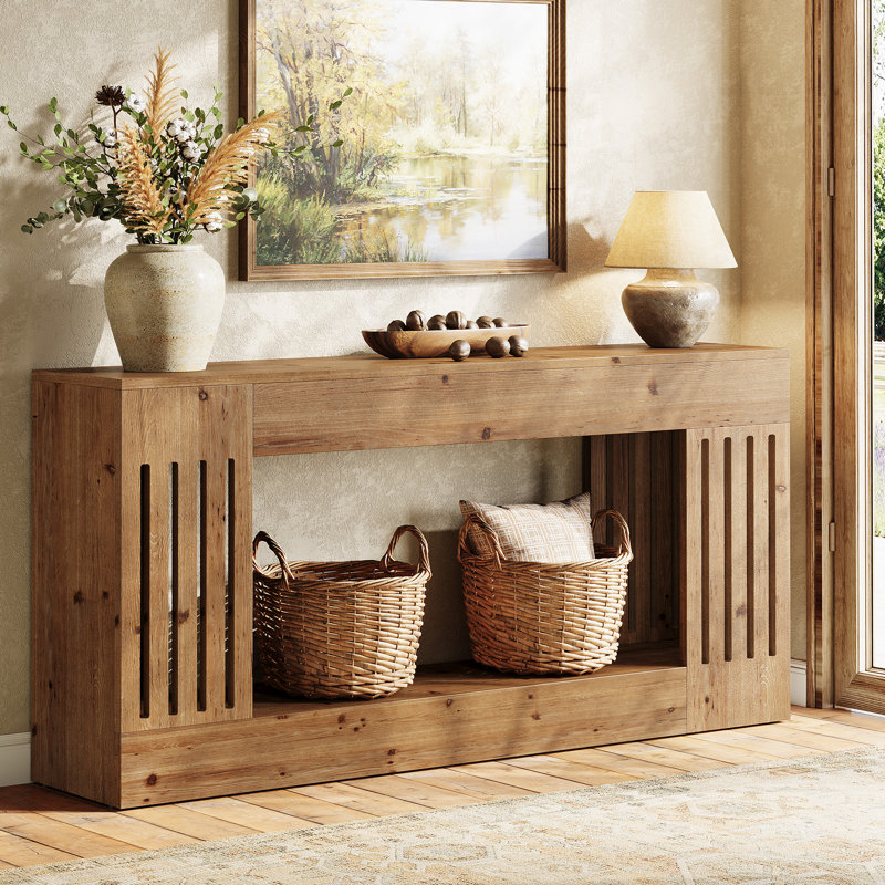 63'' Solid Wood Farmhouse Sofa Table with Storage Shelf, 2-Tier Console Table with Vertical Stripe Legs