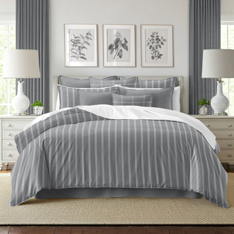 Shay Broad Ticking Stripe Gray Cotton Coverlet Set  8 Piece, Queen Coverlet + 7 Additional Pieces