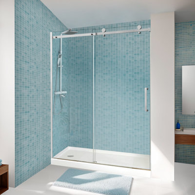 Porte de douche coulissante simple sans cadre de 56 à 60 po x H 76 po avec traverse supérieure réglable en largeur, verre trempé certifié ANSI et SGCC de 5/16 po (8 mm), finition nickel