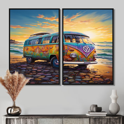Magic Hippie Bus On The Beach - Yellow Wall Art