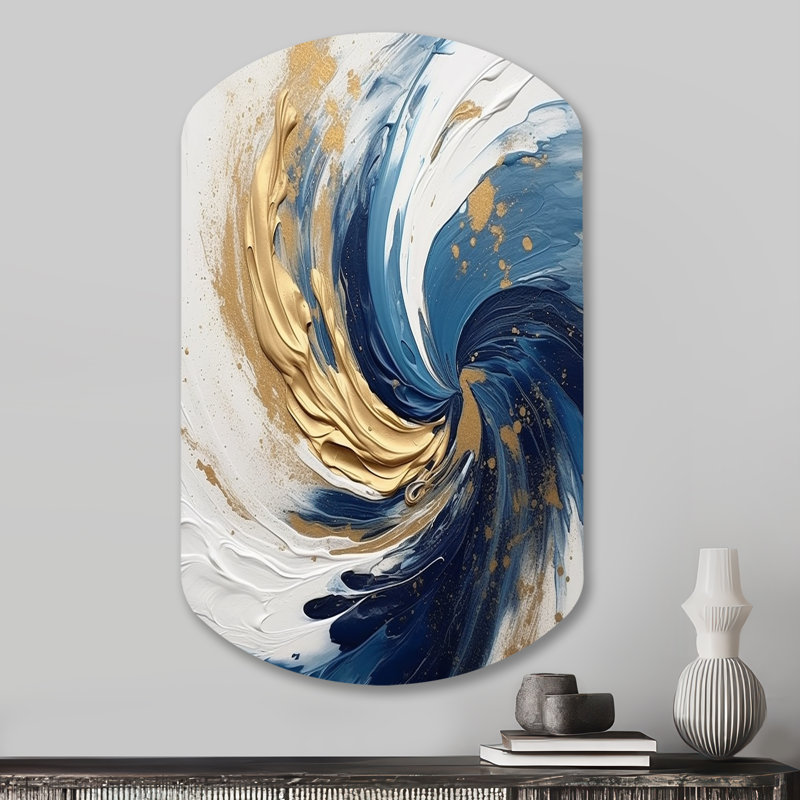 Bleu foncé et spirale dorée IV - spirale abstraite, décoration murale asymétrique en métal, cylindre bleu, reproduction d'art