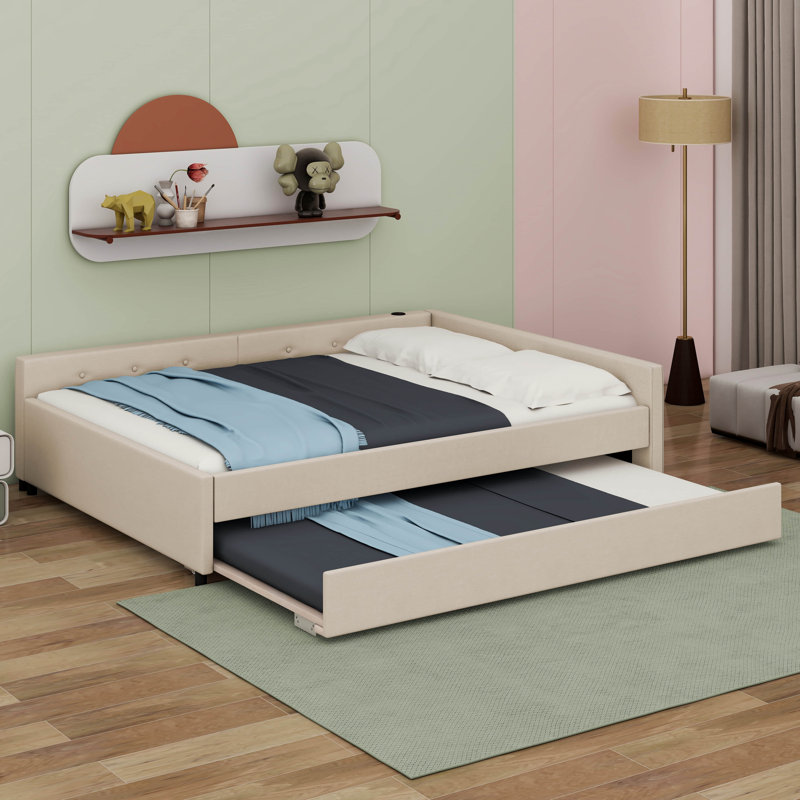 Upholstered Platform Bed with USB and Twin Size Trundle, Queen