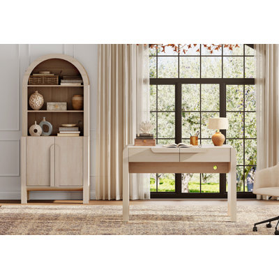 Ensemble de bureau 2 pièces, bureau de direction moderne de 47 po avec station de charge et tiroirs et bibliothèques arquées à 5 niveaux de hauteur de 71 po avec armoire de rangement pour le salon, la chambre à coucher et le bureau à domicile