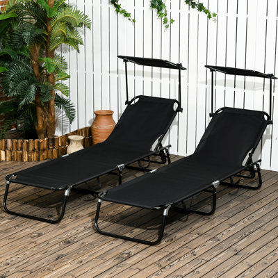 Chaises longues d'extérieur inclinables avec parasol - pliable, structure en acier, poche latérale, auvent noir pour diverses scènes