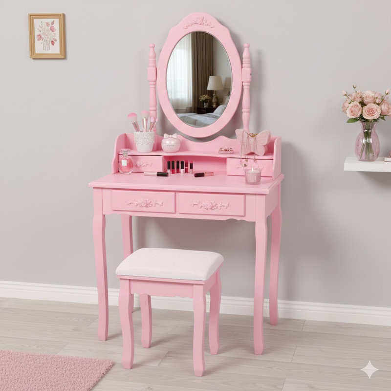 Pink Princess Vanity Desk Set With Mirror And A Cushioned Stool. A 4-Drawer Wooden Makeup Vanity Table Designed For Girls' Bedrooms, This Dressing Table Offers Ample Storage.