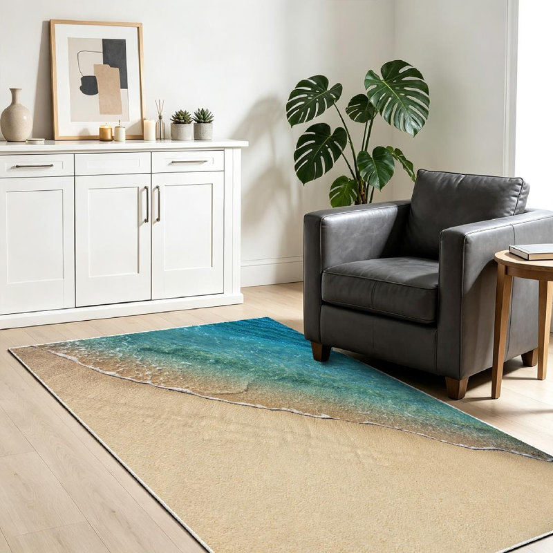 Blue Soft Wave Ocean Sandy Beach Sand Sea Aqua Calm Coast Machine Washable Indoor Area Rug, Rectangle 39" x 63"
