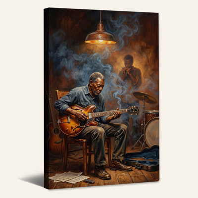 Seated Guitarist Playing Electric Guitar In Smoky Room Canvas Wall Art