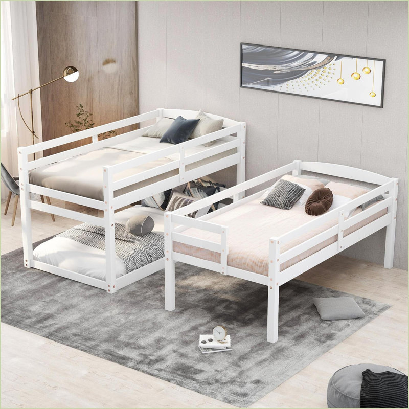 Twin Size Solid Pine &amp; MDF Triple Bunk Bed with Storage Staircase, Separate Design, White for Family Use