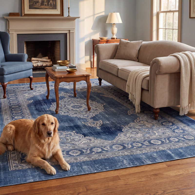Tapis Summit Traditional Medallion de style persan, bleu, gris et crème, lavable en machine, antidérapant, à poils courts, pour l'intérieur et l'extérieur, adapté aux animaux domestiques, idéal pour le salon, la chambre, la salle à manger, l'entrée, le couloir ou le bureau.