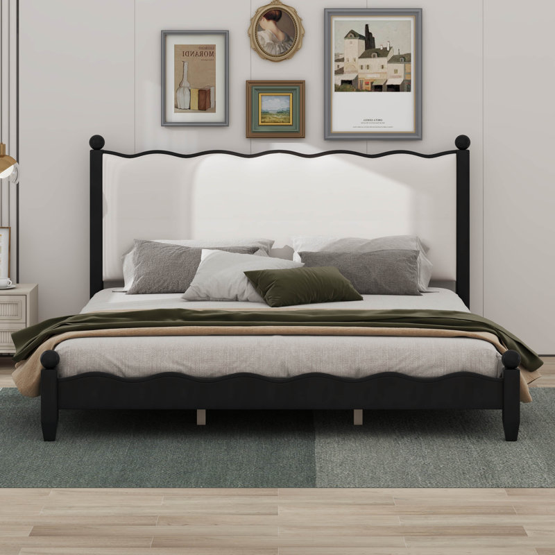 Wood Platform Bed With Upholstered Headboard, Black/Beige, King