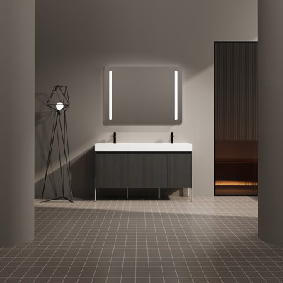 Meuble-lavabo autoportant 60 po avec double lavabo en résine, armoire de rangement avec portes à fermeture douce (ensemble KD)