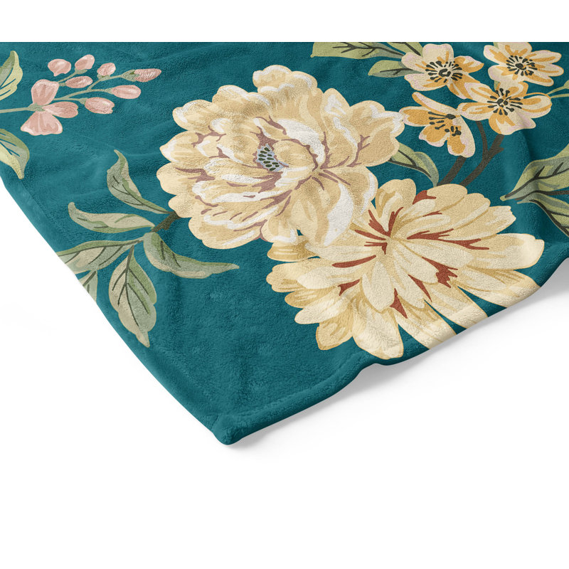 Couverture en velours de molleton Catherine, L 60 po x l 50 po, Floral bleu sarcelle