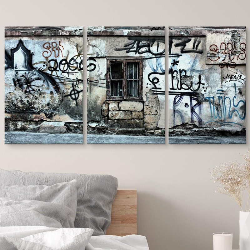 Abandonné bâtiment triptyque graffiti et art urbain de rue pittoresque urbain 3 pièces, H 36 po x l 72 po x P 1,5 po