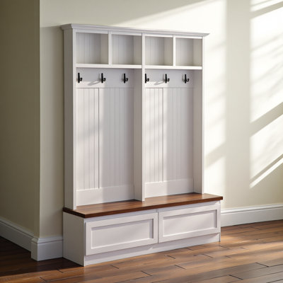 Farmhouse 4-in-1 Hall Tree With Wood Grain Bench, Mudroom Versatile Coat Rack With 2 Large Drawer, Entrance Organizer For Hallway, Living Room, White, 55.9"w