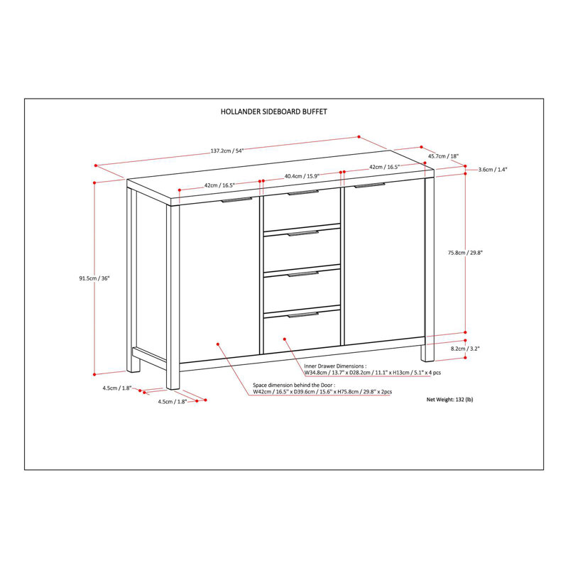 Hollander White Solid Wood Adjustable Sideboard Buffet