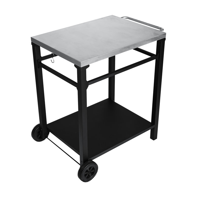 Chariot de barbecue extérieur avec configuration à 2 niveaux, plateau en acier inoxydable, cadre noir, grandes roues, crochets à outils, table de préparation pour barbecue, cour arrière, four à pizza, capacité de rangement