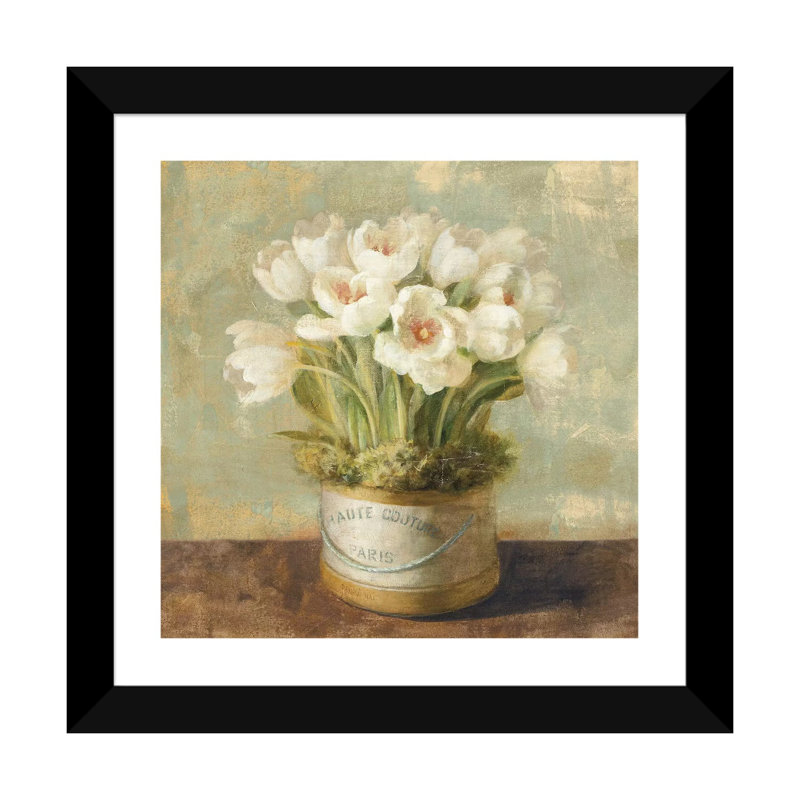 «Hatbox Tulips» par Danhui Nai - reproduction d'art, H 24 po x l 24 po x P 1 po, Papier avec cadre noir