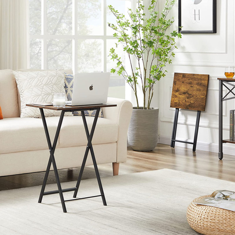 Folding Side Table with Cup Holder, Industrial Side Table for Living Room, Bedroom, Brown/Black
