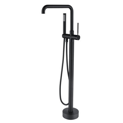 Robinet de baignoire autoportant noir mat avec douche à main - construction métallique, fixation au sol, robinets à 2 trous, poignées à levier, couleur de forme manuelle, Grace Made, type à commande