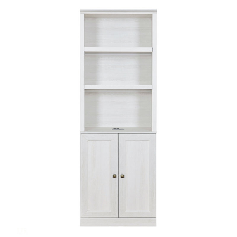 Bibliothèque 1 porte avec port USB et 3 tablettes ouvertes, Blanc rustique