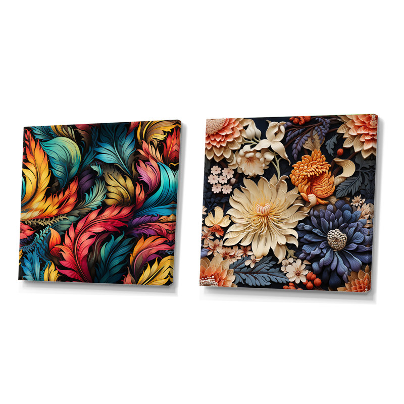 Courvevoie - Ensemble de 2 collages carrés botaniques abstraits, Toile tendue, H 16 po x l 33 po
