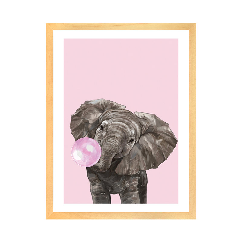 Art d’éléphant de gomme à bulles, H 32 po x l 24 po x P 1 po, Papier encadré naturel