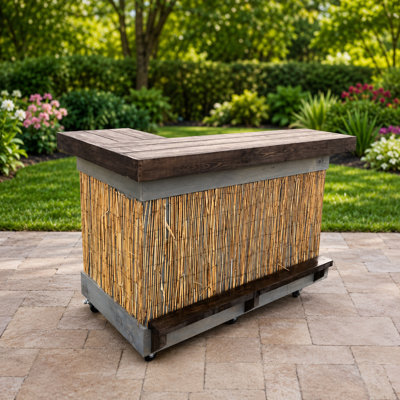 5' X 3' Rolling Outdoor Patio Bar Cart With Wood Top, Reed Panels & Storage Doors