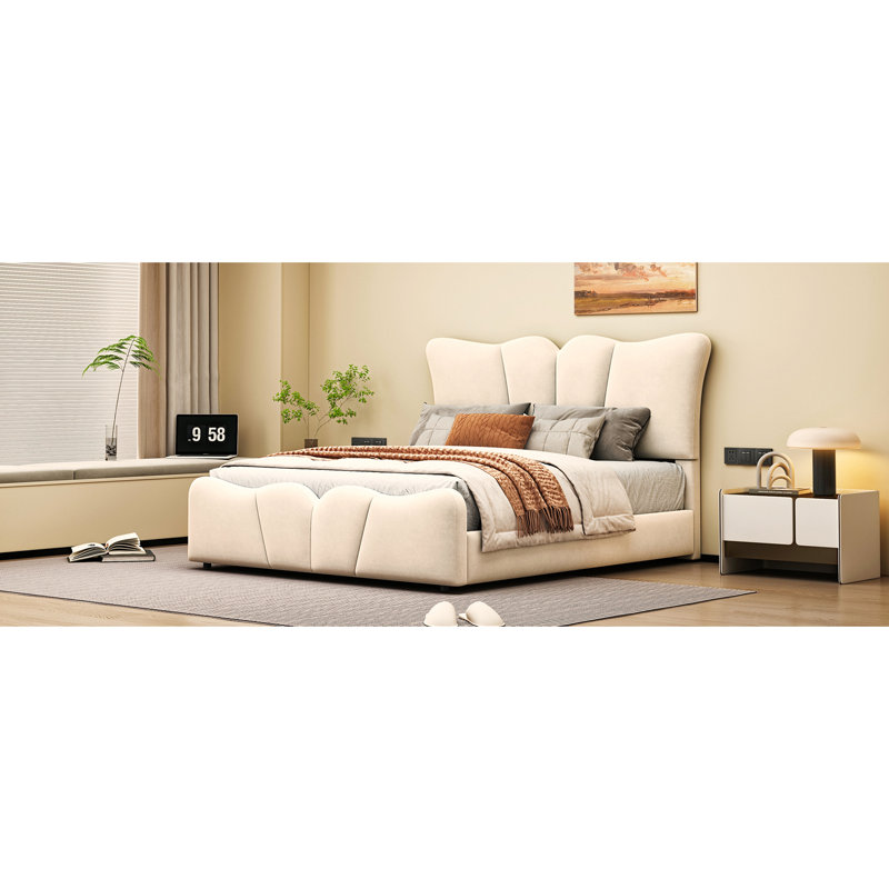Lit plateforme tapissier en velours, Lit double, Beige