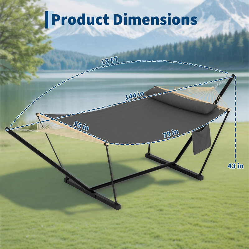 Double Hammock with Stand for Outdoor, Heavy Duty Portable 2 Person Hammock with Adjustable Steel Stand for Patio, Garden, Beach, Backyard