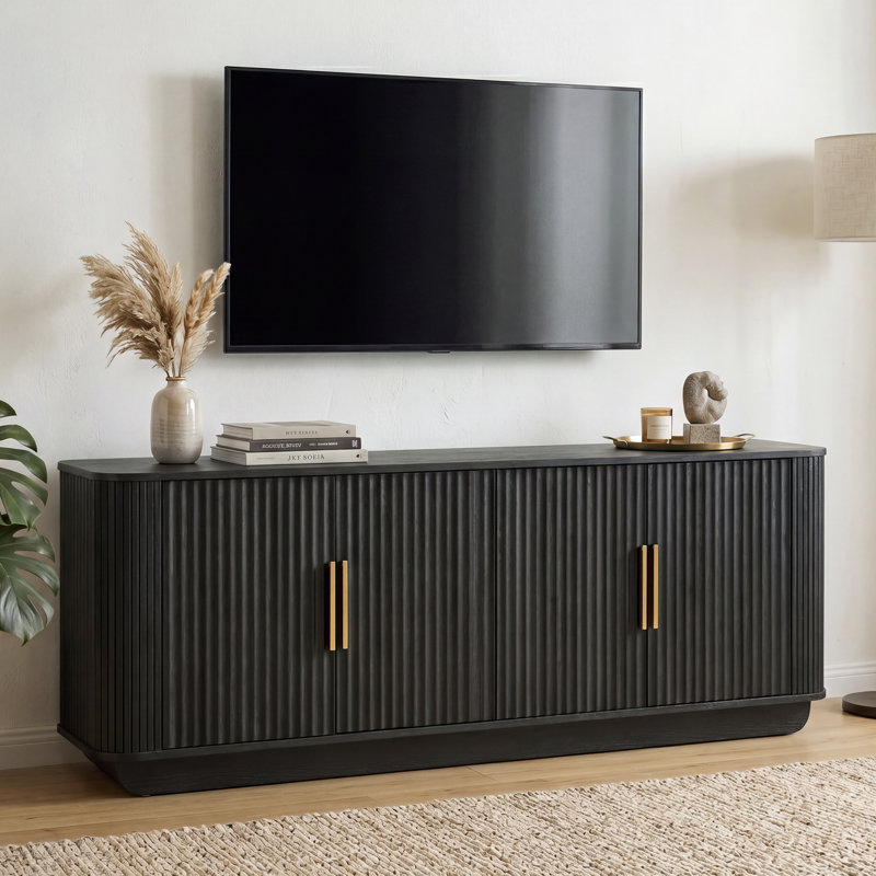 Meuble télé cannelé pour téléviseur de 75 po ou moins, console média avec 4 portes, tablettes réglables et gestion des câbles pour le salon