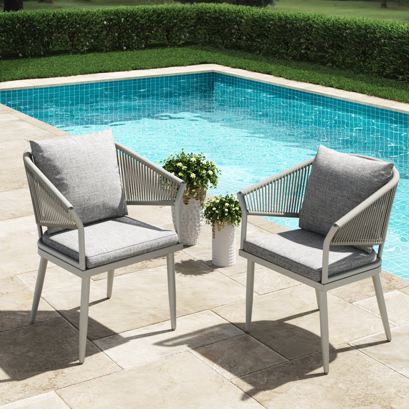 Outdoor Patio Dining Armchair with Cushion, Light Grey Cushion/White Frame