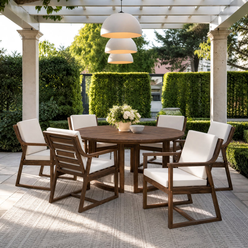 7-Piece Round Acacia Wood Patio Dining Set with Ergonomic Chairs and Removable Cushions, Mocha